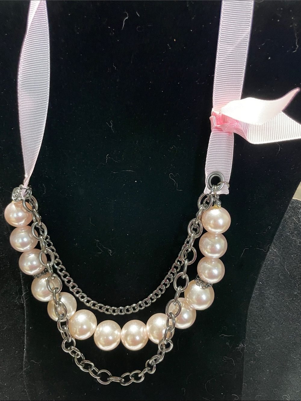 Pink Pearl and Silver Chain Multi-Strand Necklace.   M’s